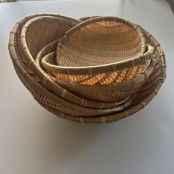 6 Nesting Brown Rounded Woven Wicker Rattan Basket Vegetable Fruit Boho Country - Picture 2 of 15